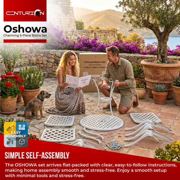 Centurion Supports OSHOWA Luxurious Garden and Patio Table and 4 Large Chairs with Armrests Cast Aluminium Bistro Set - White