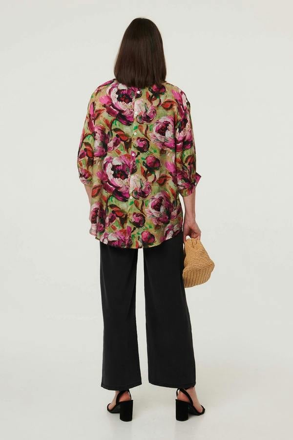 Pink | Floral Button 3/4 Sleeve Relaxed Blouse