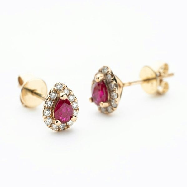 T. H. Baker 9ct Yellow Gold Pear Cut Ruby & 0.27ct Diamond Cluster Stud Earrings NTE409PEAR-RD-9YG