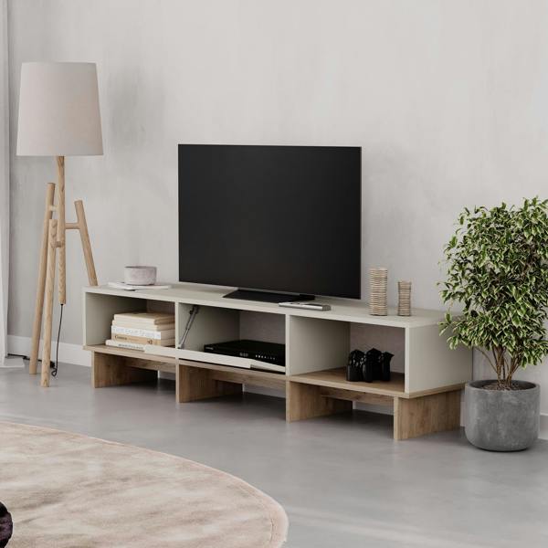 Decortie Modern TV Stand 170cm w/Soft-Close Drop-Down Door Open Shelves Metal Handle Living Room TV Cabinet Sandstone, Natural Oak