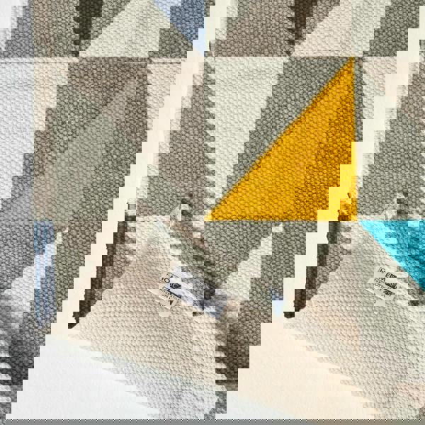 HOMESCAPES Copenhagen Blue, Yellow and Grey 100% Cotton Geometric Style Scandi Printed Rug