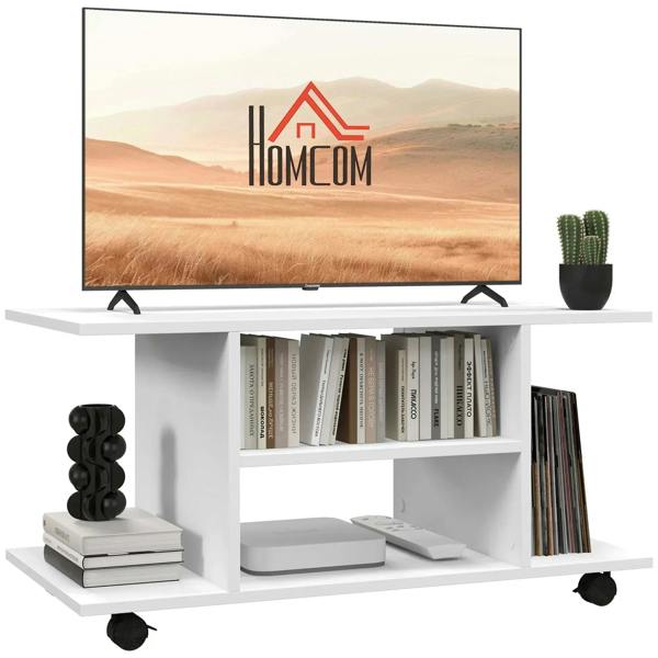 White TV cabinet stand with open shelves and lower book storage, on caster wheels