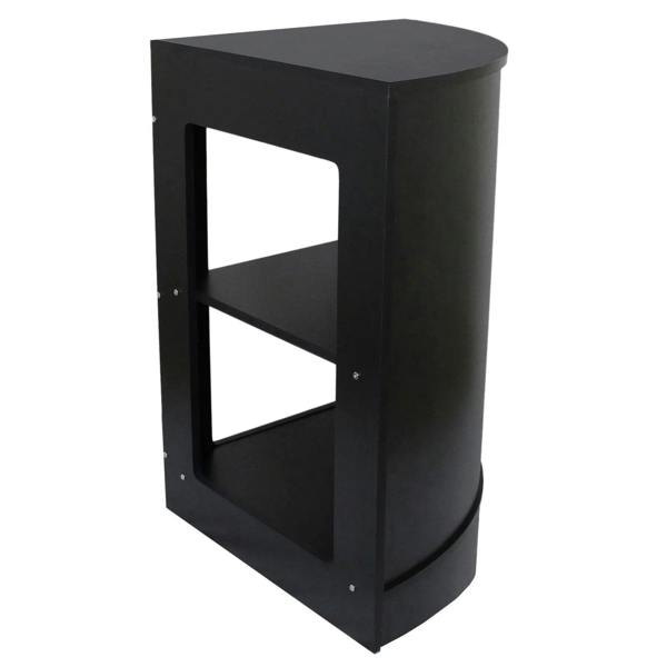 Sleek black retail shop corner counter CM60 with a curved design, featuring an open shelf for storage and display purposes