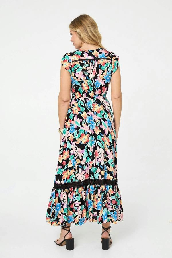 Black | Floral Lace Trim Cap Sleeve Maxi Dress
