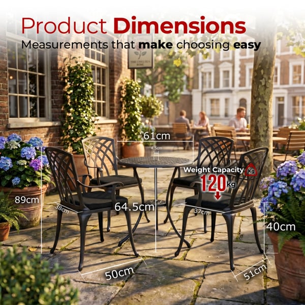 Centurion Supports OSHOWA Garden and Patio Table and 4 Large Chairs with Armrests Cast Aluminium Bistro Set - Black Cushions