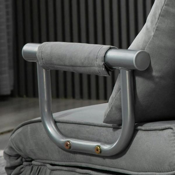 Light grey futon chair armrest with metal frame and adjustment screws