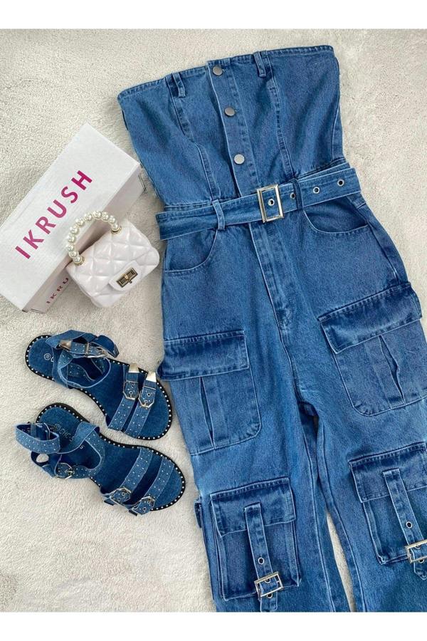 Giselle Multi Pockets Strapless Cargo Jumpsuit - Blue