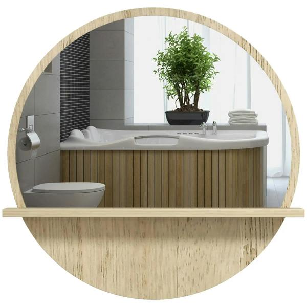 Round bathroom mirror with natural wood-effect frame and integrated wall shelf