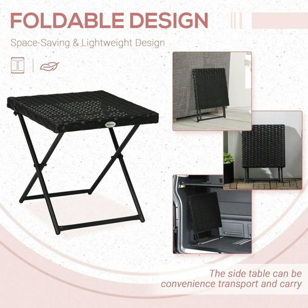 Black square wicker rattan folding table with woven top and sturdy X-frame