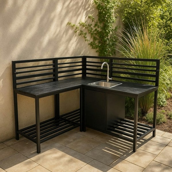 Aluminium outdoor kitchen set featuring a sleek black design, integrated sink, and slatted side panels, perfect for patio use