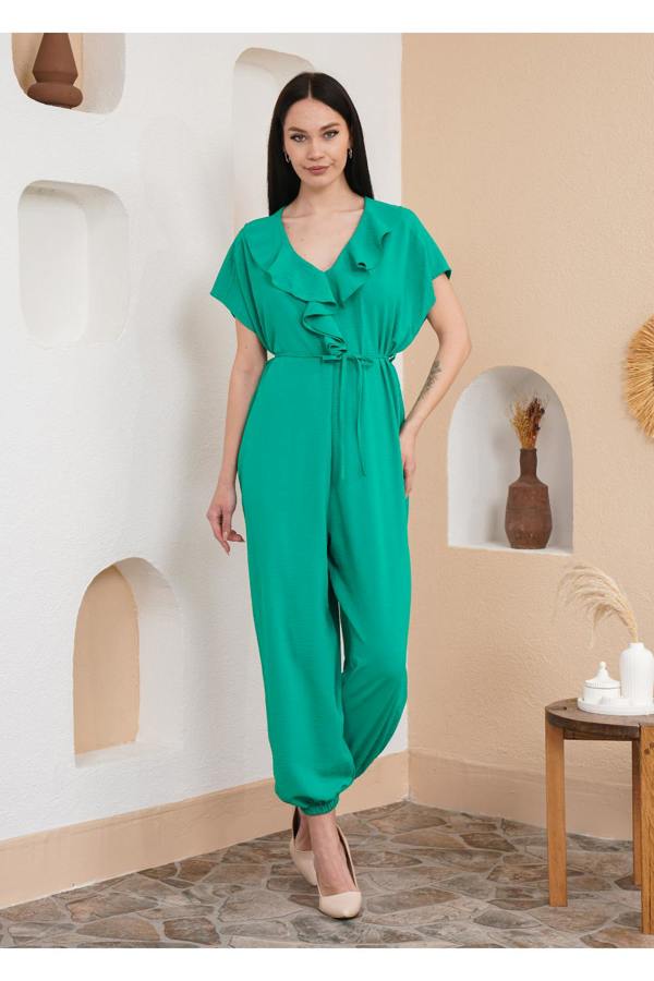 Hoxton Gal Oversized Short Sleeves Frilled Front Jumpsuit in Green