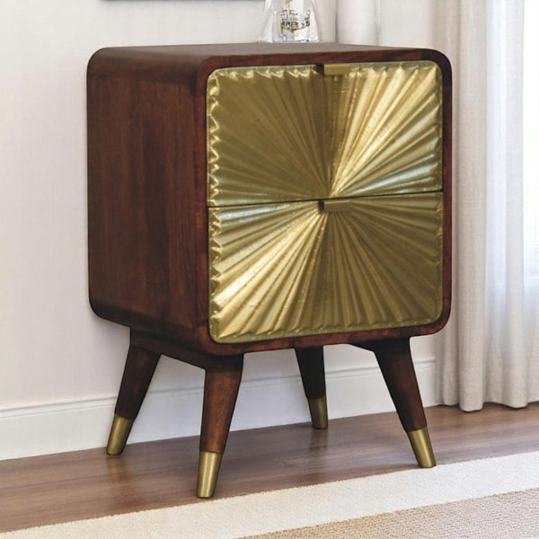Artisan Furniture Solid Wood Avora Brass Embossed 2 Drawer Chestnut Nightstand