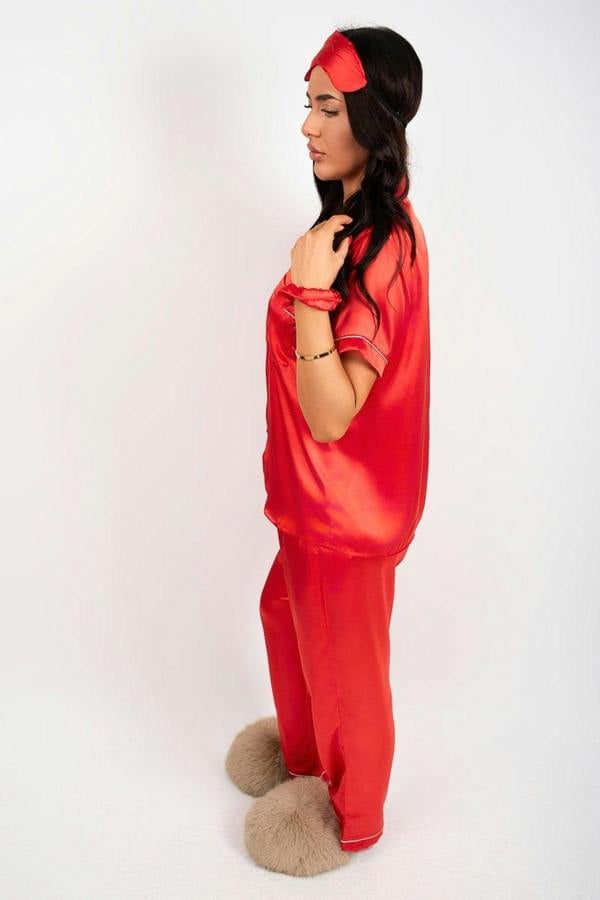 Saryna Satin Button Up Pyjama Set With Matching Eye Mask & Scrunchie - Black