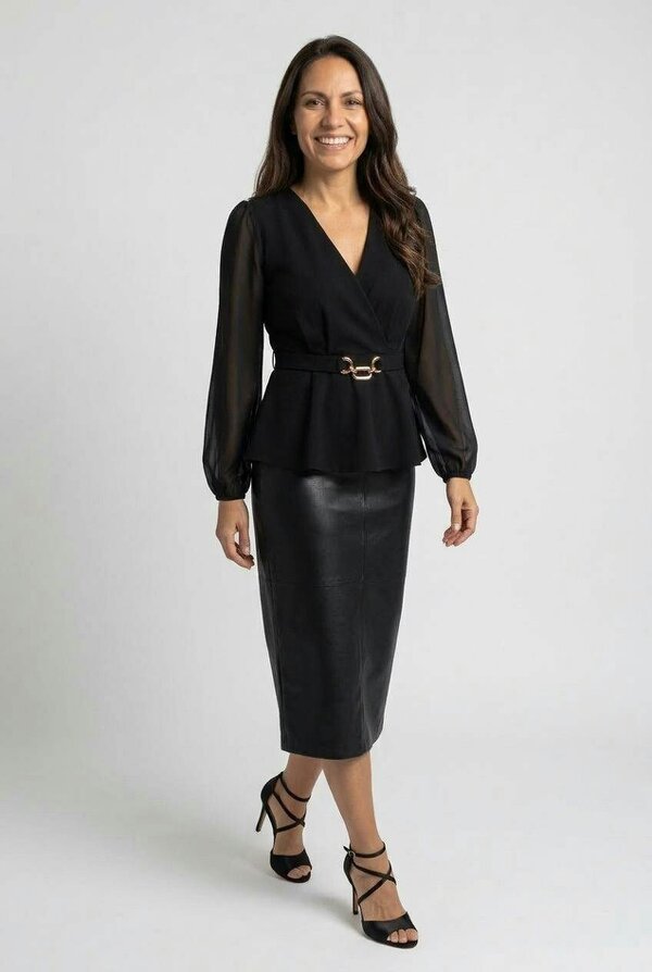 Izabel London Semi Sheer Balloon Sleeve Peplum Top