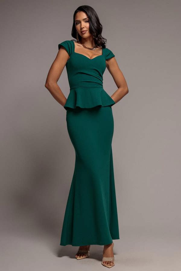 Cap Sleeve Sweetheart Peplum Scuba Maxi Dress - Emerald Green DR5302