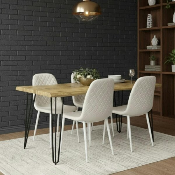 Kosy Koala Modern Dining Table Set With 4 White Gem Pattern Chairs Dining Room Furniture