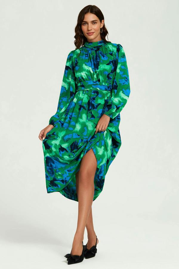 FS Collection Abstract Floral Print Long Sleeve Midi Dress In Green