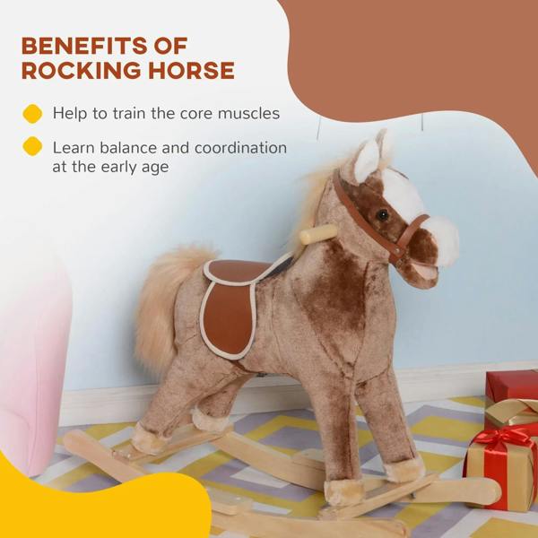 Brown plush rocking horse with light wood rockers and white-edged saddle