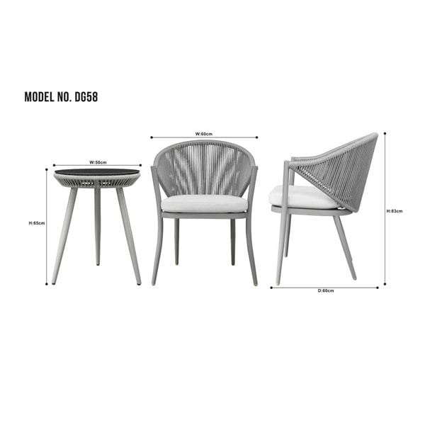 3pc Garden Bistro Set - Aluminium & Rope - Outdoor Dining Chair Round Table Grey - LoopsDirect