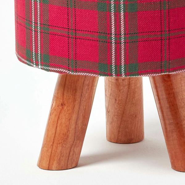 HOMESCAPES Red Tartan Fabric Footstool with Wooden Legs
