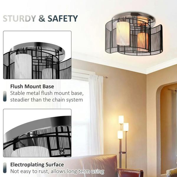 Black semi-flush chandelier with flush-mount base and wire mesh cage, two cylinder shades.