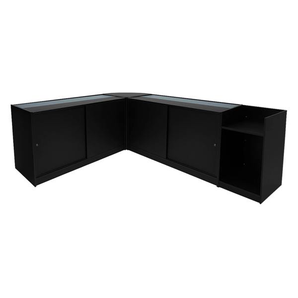 Vega LED Shop Counter Set in black, featuring sleek glass tops, modern design, and ample storage space with a corner configuration