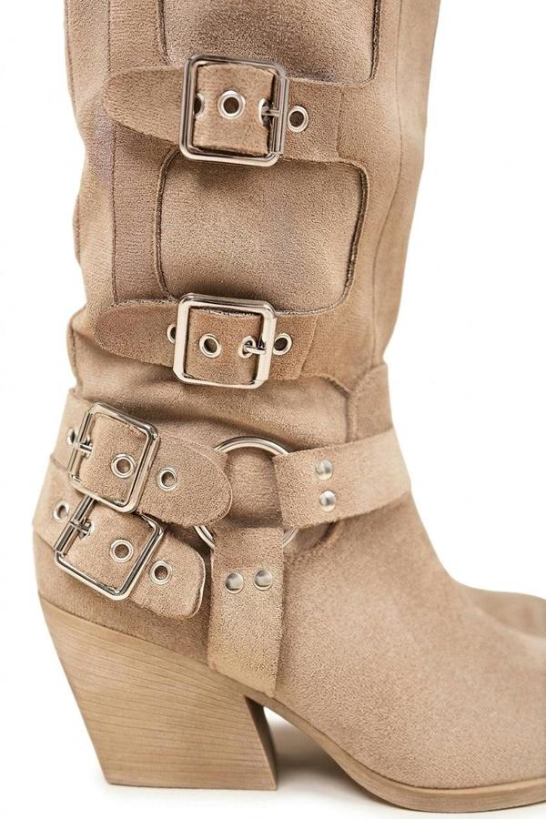 Ornella Block Heel Knee High Boots With Buckle Strap Detail - Black_wb