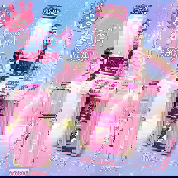 deAO Toys Girls Makeup Table & Suitcase – Portable Vanity Play Set with Light, Music & Accessories, Pretend Makeup Kit for Kids 3+, Great for Travel