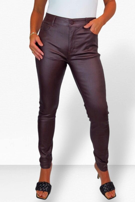 Paulo Due Womens Skinny Coated Leather Look Jeans - Plum