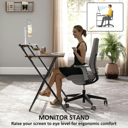 Wyld Haus Veeldi 81cm Small Wooden Brown Rustic Folding Desk With Raised Monitor Shelf