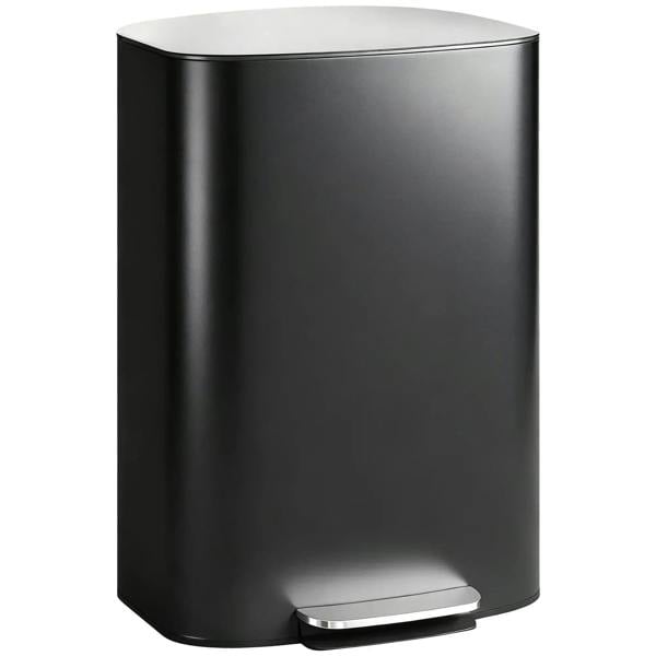 Black stainless steel pedal bin with lid and visible foot pedal