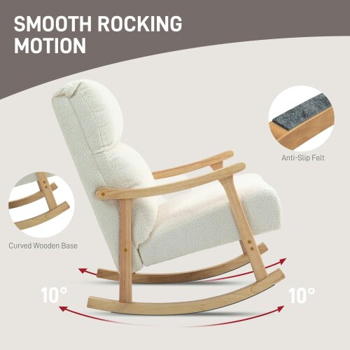 HOMCOM Upholstered Rocking Chair, Teddy Fleece, High Back, Armrests, Cream White
