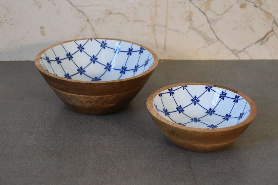 Artisan Furniture Blue and White Wooden Bowl Set of 2