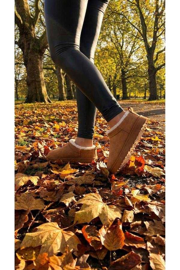 Elvaya Faux Suede Fluffy Lined Ankle Boots - Chestnut