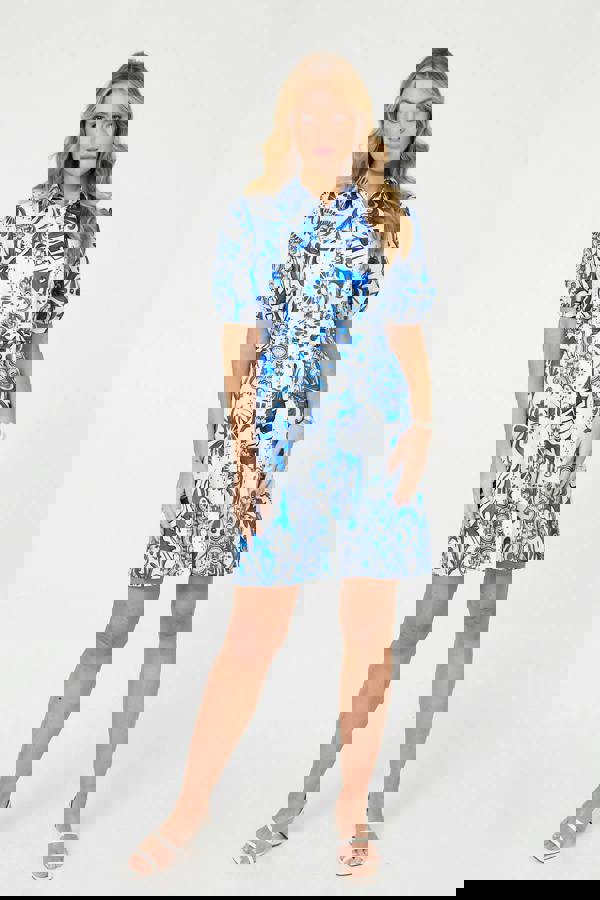 Blue | Abstract Short Puff Sleeve Short Dress