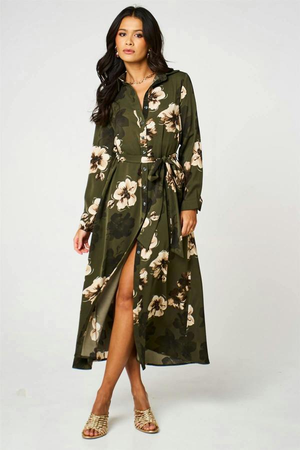FS Collection Large Floral Long Sleeve Belted Shirt Dress In Olive Green