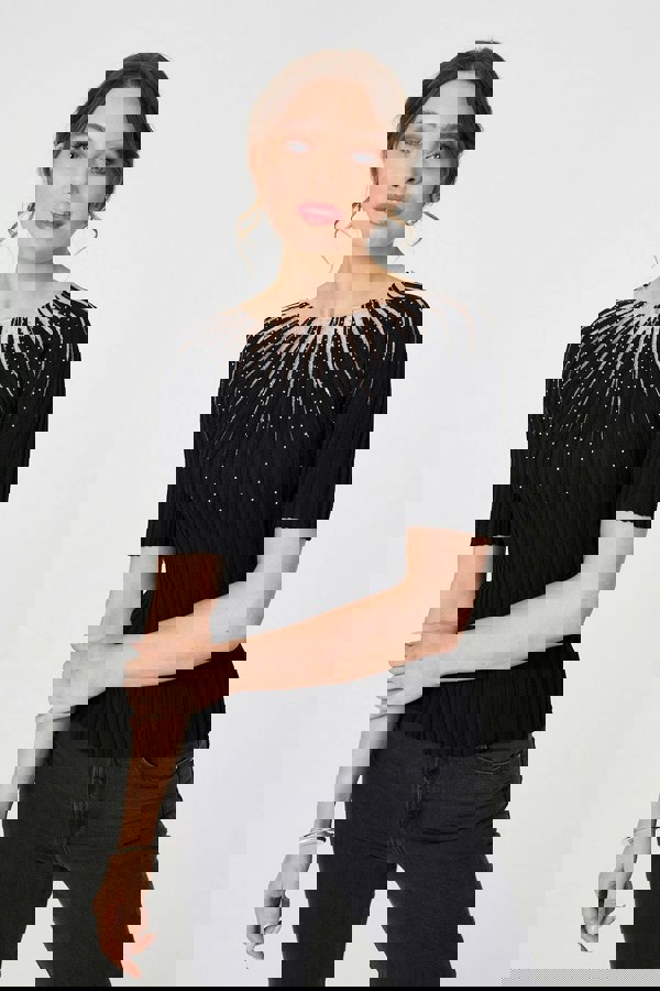 Black | Sequin Embellished Short Sleeve Knit Top

