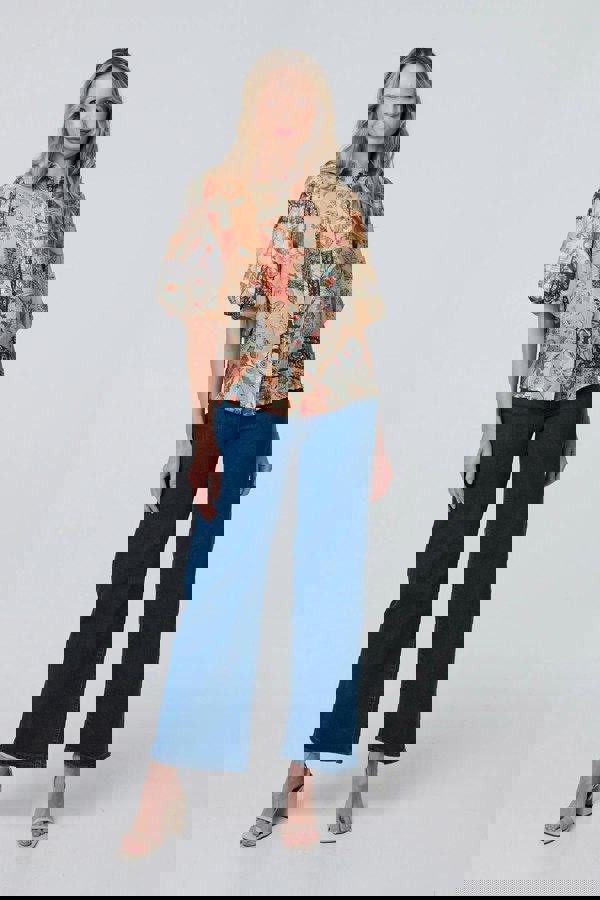 Orange | Patchwork Print 1/2 Puff Sleeve Shirt
