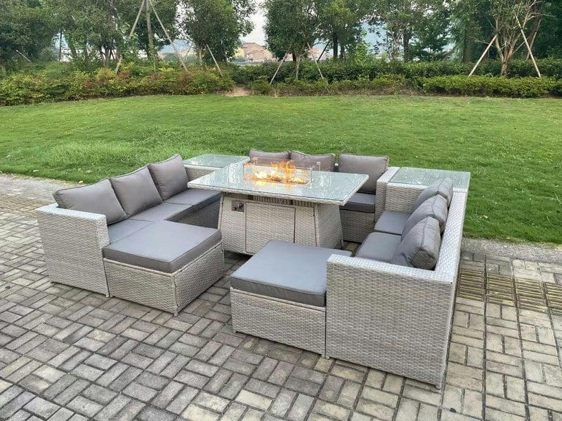 Fimous Rattan Outdoor Garden Furniture Set with Gas Fire Pit Dining Table, 3 Sofas, 2 Side Tables, 2 Large Footstools - 11 Seater - Light Grey