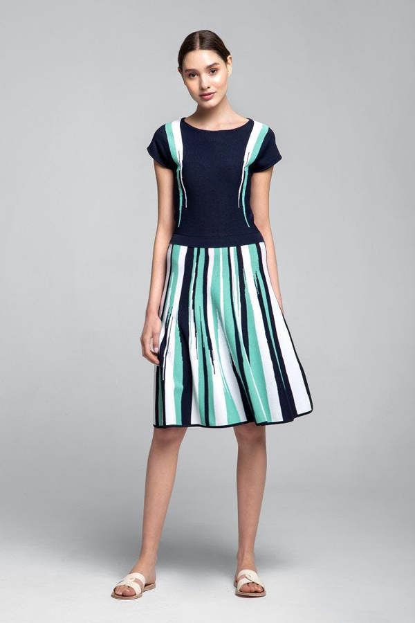 Rumour London Iris striped knitted fit and flare dress in navy and turquoise