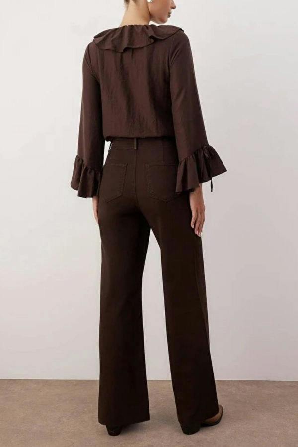 WOVCOR High Waist Cut-Out Wide Leg Jeans with Ribbed Detail