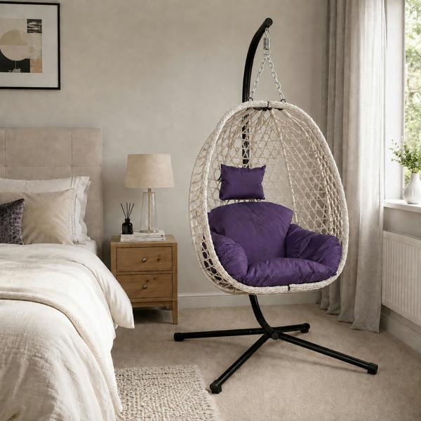 Samuel Alexander Indigo Rattan Hanging Egg Chair with Stand & Cushion for Indoor Use