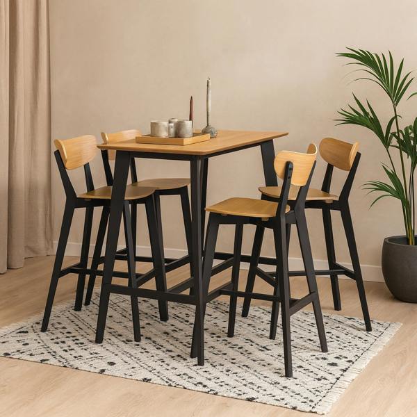 Wyld Haus Krakow Bar Dining Set Natural Oak Effect and Black Rectangular Bar Table + 4 Bar Stools