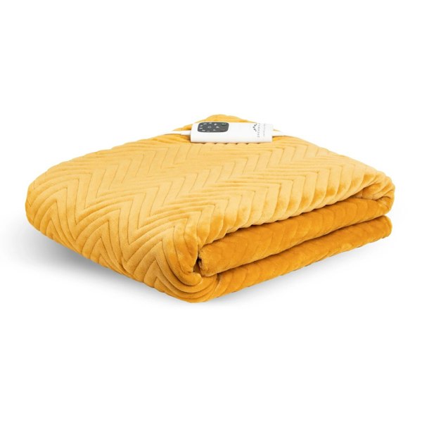 Dreamland Hurry Home Velvet Heated Throw Electric Blanket - Mustard Herringbone - 160cm x 120cm