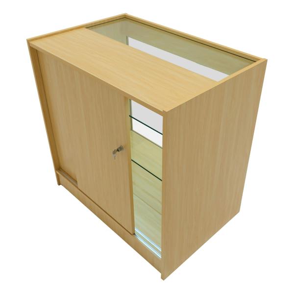 Polaris LED Shop Counter Set in maple finish, featuring a sleek design, glass display top, and a secure sliding door for storage