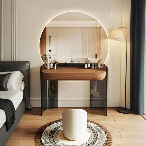 Thomas Dressing Table With Large LED Mirror, Walnut & Black-Weilai Concept-Weilai Concept