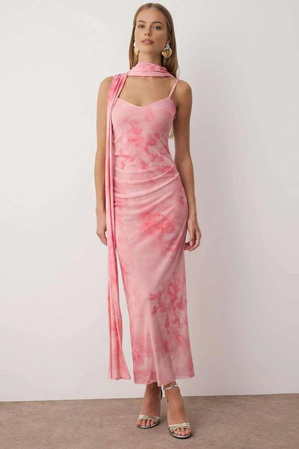 WOVCOR Scarf Detail Tulle Maxi Knit Dress