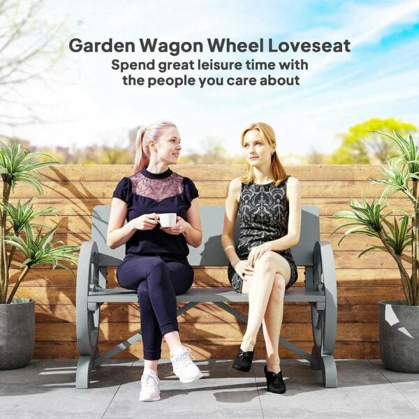 Fir Wood 2-Seater Outdoor Garden Wagon Wheel Bench, Grey