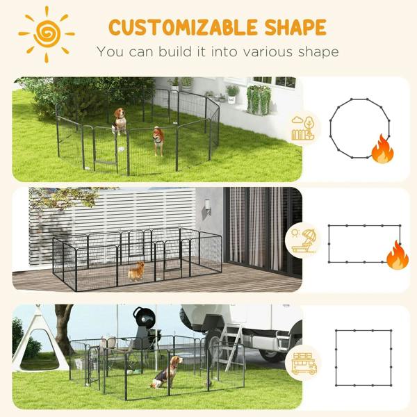 Grey metal puppy playpen shown assembled in multiple sections