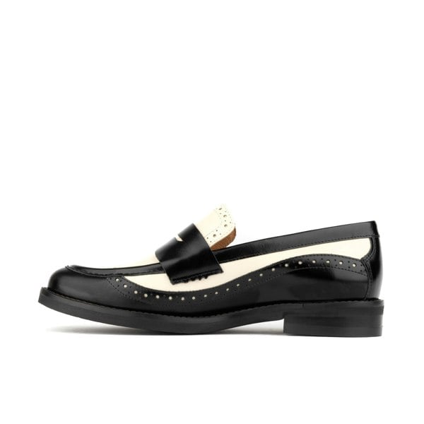 Embassy London Angelina - Black & Cream - Women's leather almond toe penny loafer with broguing